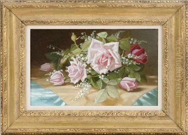 Still Life Of Roses And Lily Of The Valley Oil Painting by Edward Chalmers Leavitt