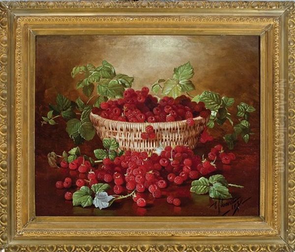 Still Life Of A Basket Of Raspberries Oil Painting by Edward Chalmers Leavitt