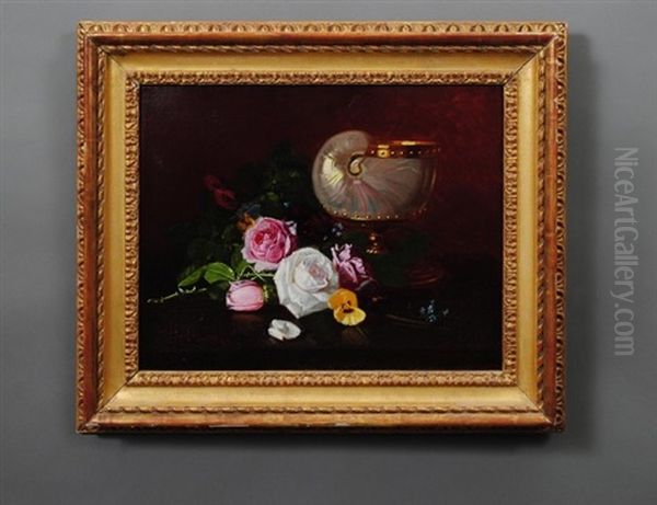 Still Life With Roses And Shell Vase Oil Painting by Edward Chalmers Leavitt