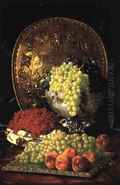 Ornate Table Top Still Life With Fruit And Silver Oil Painting by Edward Chalmers Leavitt