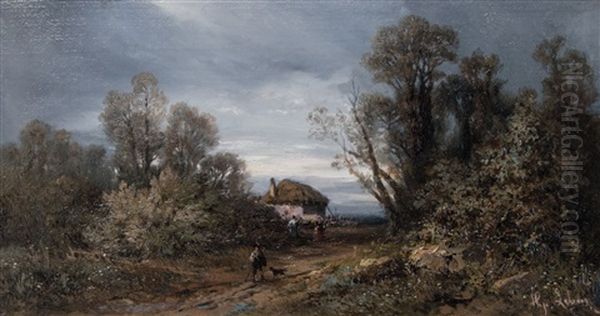 Promeneurs Sur La Route De Franchard A Barbizon Oil Painting by Gabriel Hippolyte Lebas