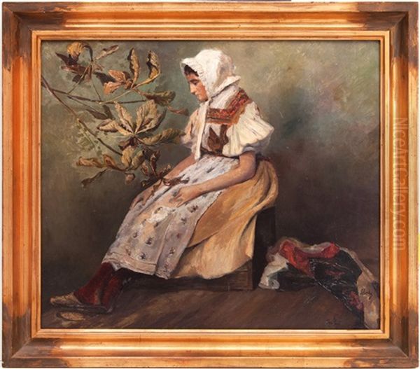 Girl In A Folk Costume Oil Painting by Otakar Lebeda