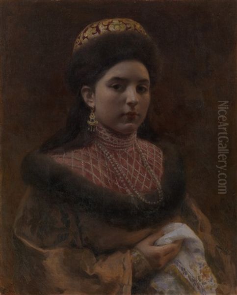 Portrait Of A Boyar Woman Oil Painting by Klavdiy Vasilievich Lebedev