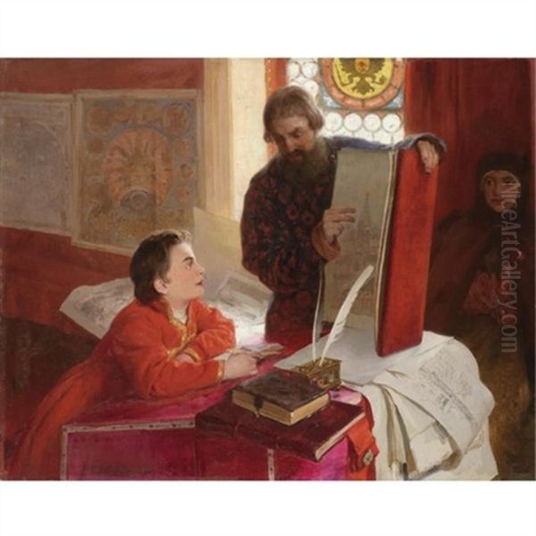 The Dyak Zotov Instructing The Tsarevich Petr Alexeevich In His Letters Oil Painting by Klavdiy Vasilievich Lebedev