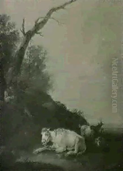 A Shepherd Boy With A Horse And Goats Resting In A Field Oil Painting by Antoine Lebel