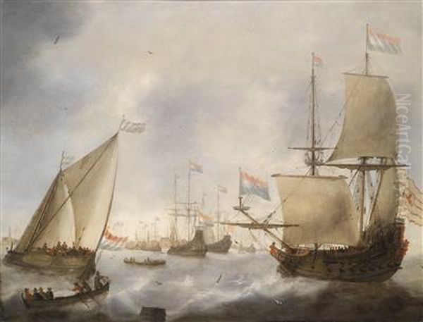 Dutch Warships And Rowing Boats In The Harbour At Amsterdam Oil Painting by Jacob Adriaensz. Bellevois