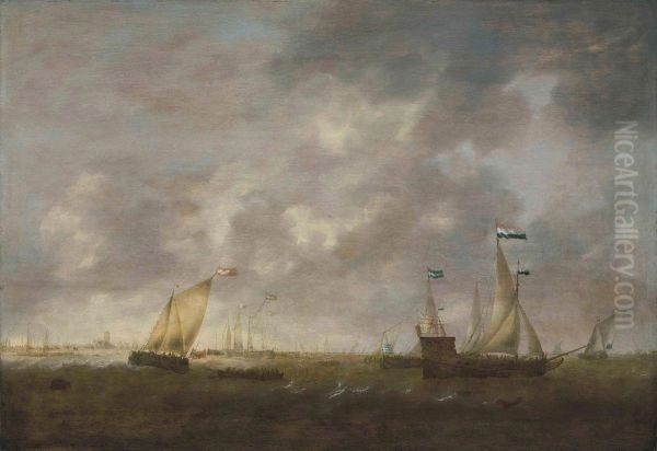 The Zeeland Fleet On The Merwede, Dordrecht In The Distance Oil Painting by Jacob Adriaensz. Bellevois