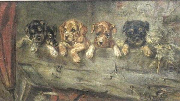 Five Puppies In A Stable Trough Oil Painting by Max Ludwig Lebling