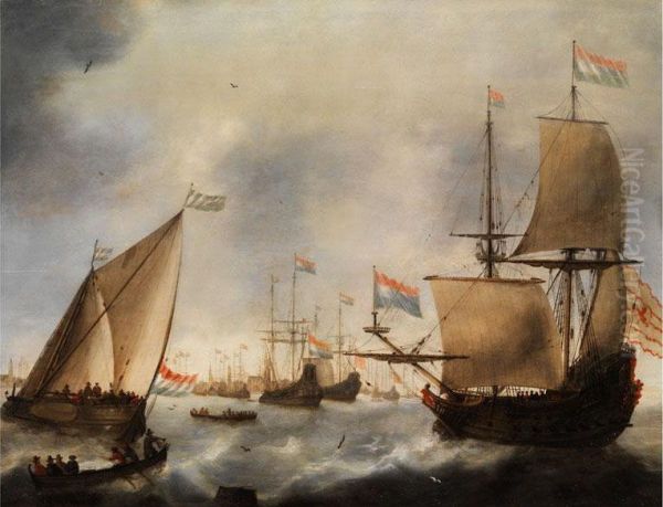 Segelschiffe Im Hafen Vonamsterdam Oil Painting by Jacob Adriaensz. Bellevois