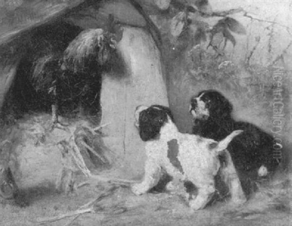 Hahn Mit Zwei Kleinen Hunden Oil Painting by Max Ludwig Lebling