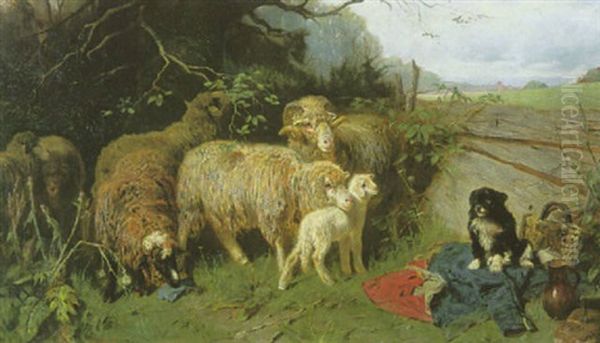 Schafe, Lammer Und Hund Am Weidegatter Oil Painting by Max Ludwig Lebling