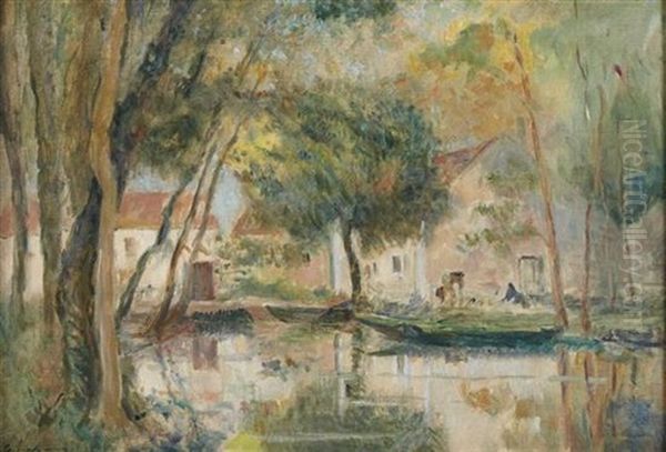 Landscape With River Reflecting The Houses Oil Painting by Albert Lebourg