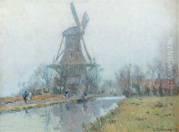 Personnages Pres Du Moulin, Brume Du Matin Oil Painting by Albert Lebourg