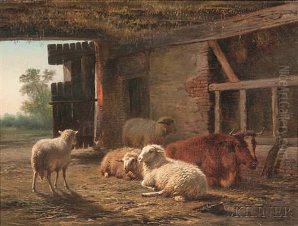 Resting Sheep And Cow In A Sunlit Barn Oil Painting by Frans Lebret