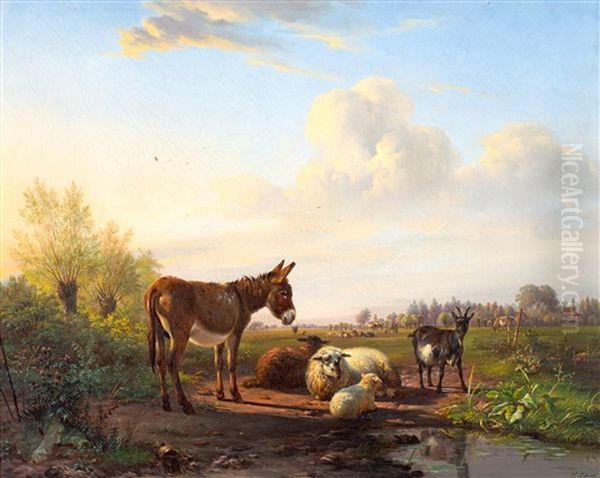 Ezel, Schapen En Geit Bij Een Voorde Oil Painting by Frans Lebret