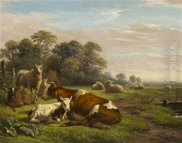 Cattle And Sheep In Meadow Oil Painting by Frans Lebret