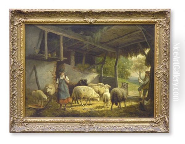 A Shepherdess And Her Flock Near A Barn Oil Painting by Frans Lebret