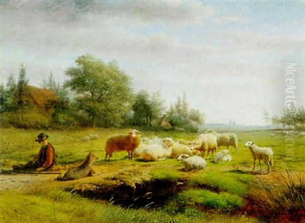 A Shepherd Grazing His Flock Oil Painting by Frans Lebret