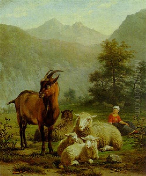 Shepherdess And Her Flock Oil Painting by Frans Lebret