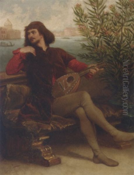 A Venetian Musician Looking Out Over A Balcony Oil Painting by Louis J. Lebrun