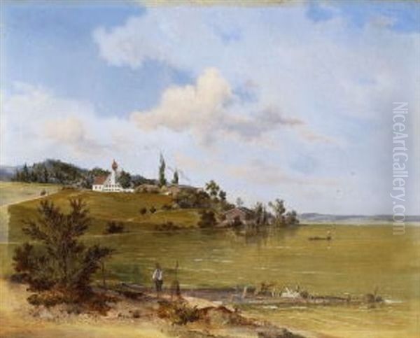 Blick Von Der Herrschinger Bucht Auf Schloss Muhlfeld Oil Painting by Carl August Lebschee