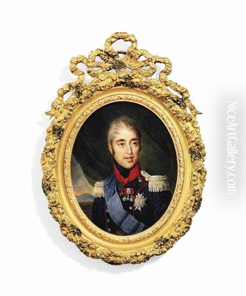 Charles X (1757-1836), King Of France, In Red-piped Blue Uniform With Red Collar, Silver Epaulettes Oil Painting by Ambroise Charlemagne Victor Lechenetier