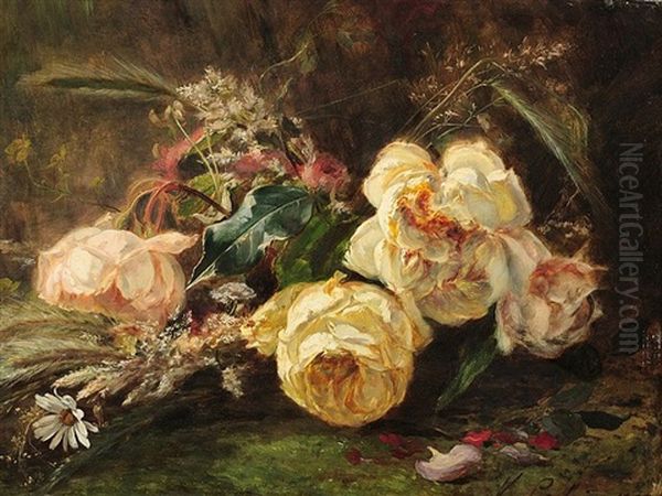 Jetee De Roses Blanches Et De Fleurs Des Champs Oil Painting by Victor Leclaire