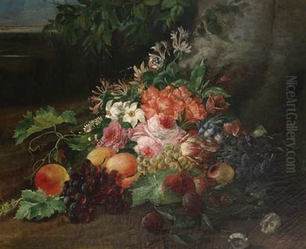 Nature Morte Aux Fleurs Et Fruits Devant Un Paysage Oil Painting by Victor Leclaire