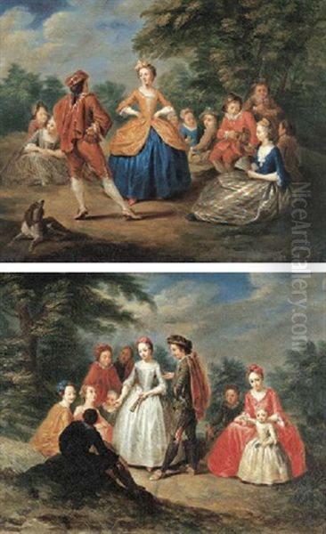 Fetes Galante (+ Another, Similar; Pair) Oil Painting by Sebastien Leclerc the Younger