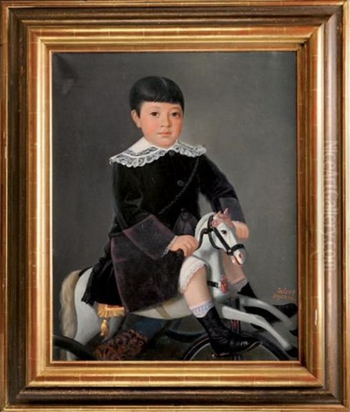 Jeune Garcon Sur Un Cheval De Bois Oil Painting by Emile Leclerc