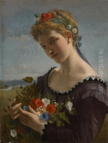 Jeune Fille A La Brassee De Fleurs Oil Painting by Emile Leclerc