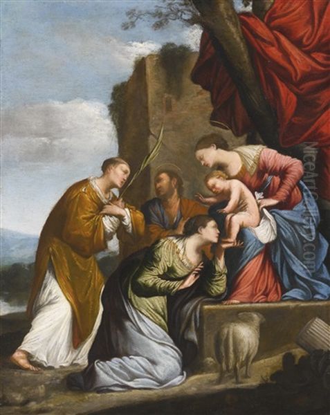 Adoration Of The Christ Child, With Three Saints Oil Painting by Jean Leclerc