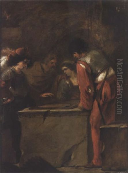 Two Young Men Playing Tric-trac On A Stone Ledge, A Lady And A Bearded Man Looking On Oil Painting by Jean Leclerc