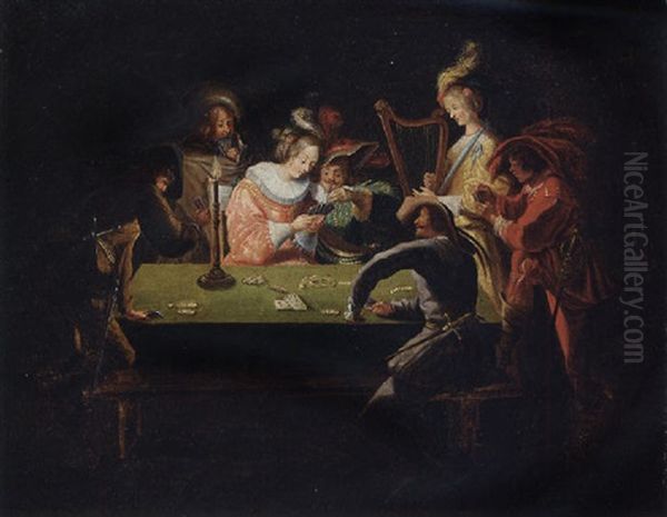 Elegant Company Gambling In An Interior Oil Painting by Jean Leclerc