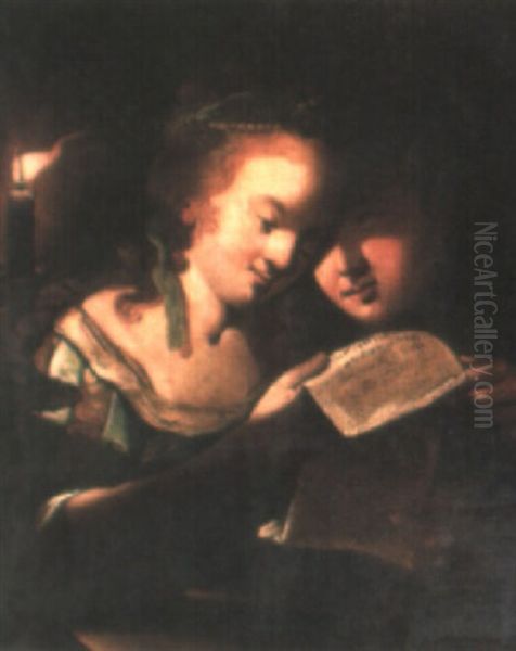 A Young Boy And Girl Reading A Letter By Candlelight Oil Painting by Jean Leclerc