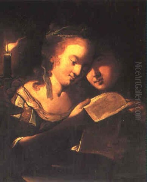 Young Boy And Girl Reading A Letter By Candlelight Oil Painting by Jean Leclerc