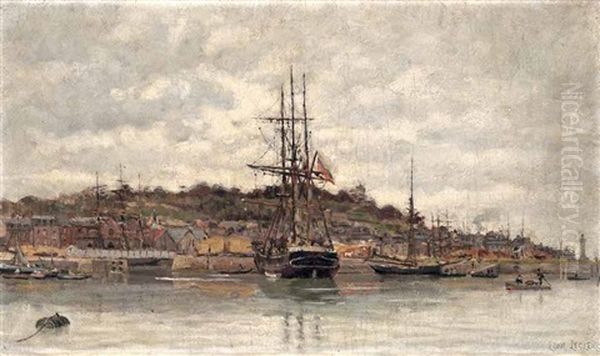 Dreimaster Liegt In Einem Franzosischen Hafen Oil Painting by Leon Leclerc