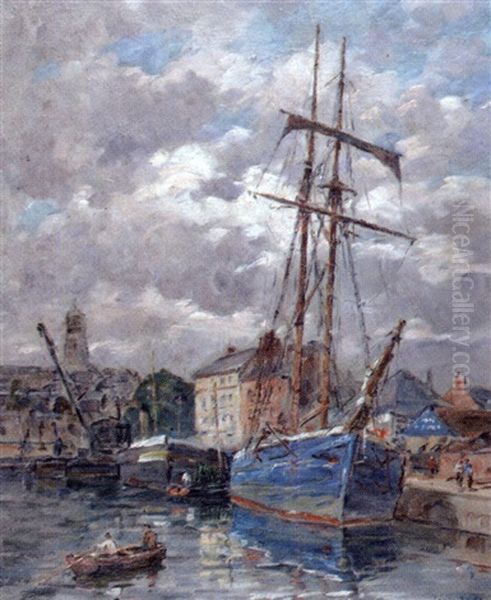 Bateaux Dans Le Port De Honfleur Oil Painting by Leon Leclerc