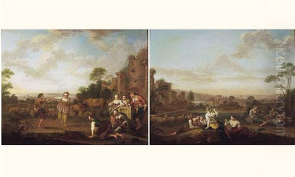 Pas De Danse Devant Des Ruines Antiques Dans Un Paysage (+ Repos Des Bergers Devant Un Paysage Panoramique; Pair) Oil Painting by Sebastien Leclerc