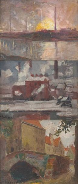 Paysages Industriels Et Pont (3 Works) Oil Painting by Victor Leclercq