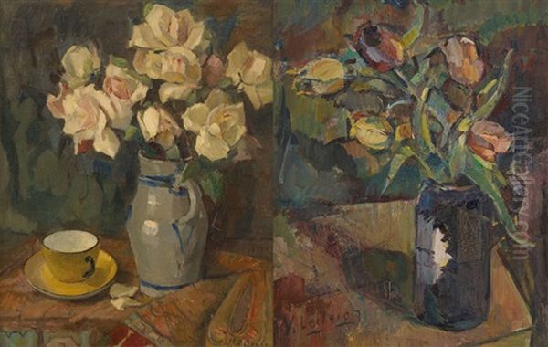 Compositions Florales (+ Another, Lrgr; 2 Works) Oil Painting by Victor Leclercq