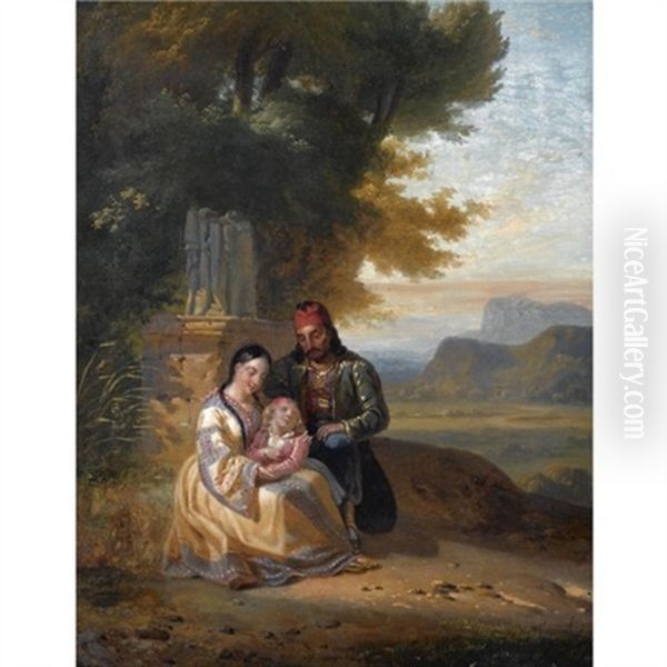 Greek Family In A Landscape Oil Painting by Jules LeCoeur