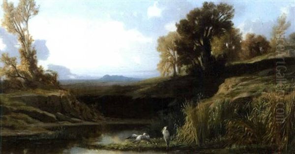 Paysage Aux Herons Oil Painting by Charles Joseph Lecointe