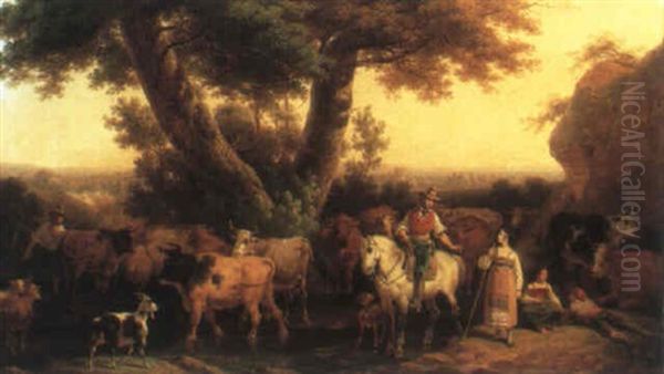 Herding Cattle Across A Stream by Hippolyte Lecompte