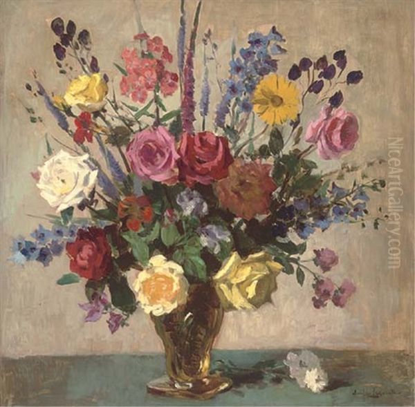 Summer Flowers In A Vase Oil Painting by Emile Lecomte