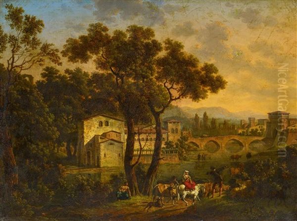 Ideale Landschaft Mit Reisenden Vor Den Toren Einer Norditalienischen Stadt Oil Painting by Hippolyte Lecomte