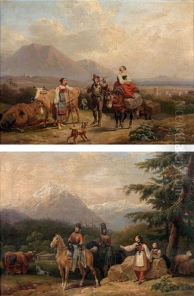 Cavaliers Demandant Leur Chemin Dans Un Paysage De Montagne Voyageurs Et Une Bergere Dans Un Paysage (pair) Oil Painting by Hippolyte Lecomte