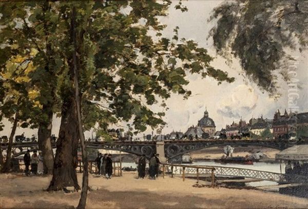 Bord De Seine Anime Devant Le Port Du Carrousel Oil Painting by Paul Lecomte