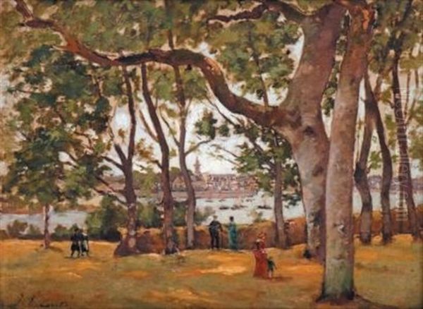 Bretagne, Promeneurs A Beg Meil Dans La Baie De Concarneau Oil Painting by Paul Lecomte