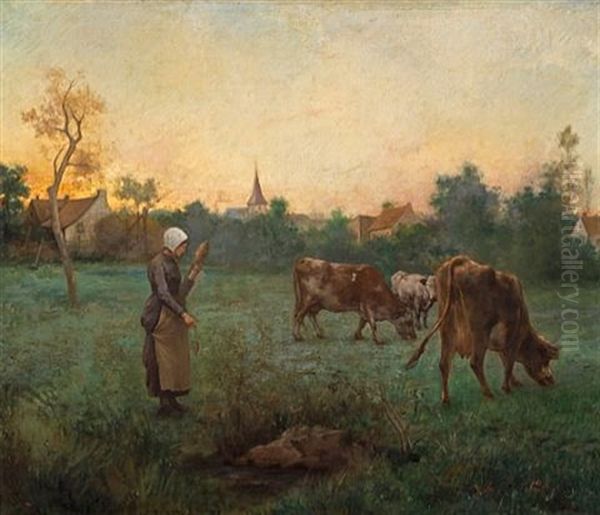 A French Pastoral Scene At Dusk With A Peasant Girl And Cows In The Foreground Oil Painting by Paul Lecomte